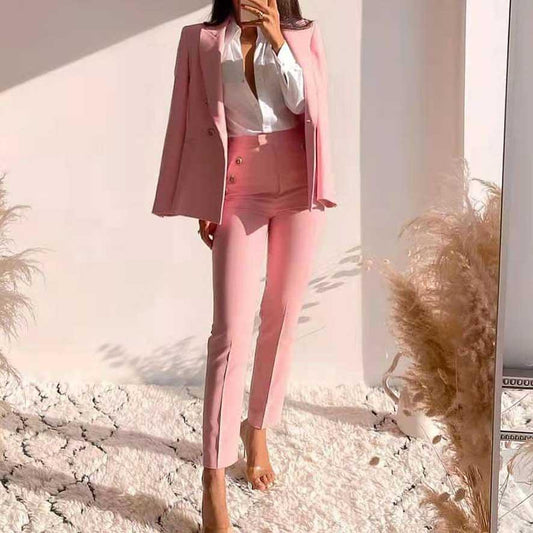 2 Piece Set  Double Breasted Blazer  Button High Waist Trousers